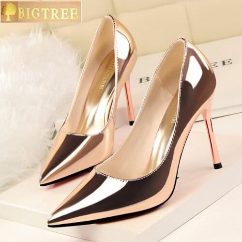 BIGTREE women pumps PU Patent leather 10CM Thin high heel with shallow mouth sexy professional OL Pointed Toe womens shoes