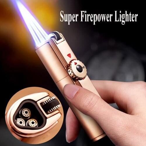 Original Triple Torch Lighter Cool Blue Jet Flame Turbo Gas Cigar Lighter Windproof Metal Gun Kitchen Lighters Fire Starter