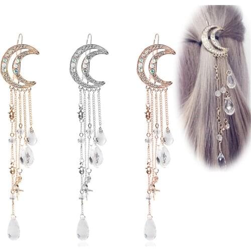 1PC Elegant Girls Moon Tassel Hair Clip Long Tassel Crystal Dangle Hairpin Fashion Beads Pendant Barrettes Women Styling Tools