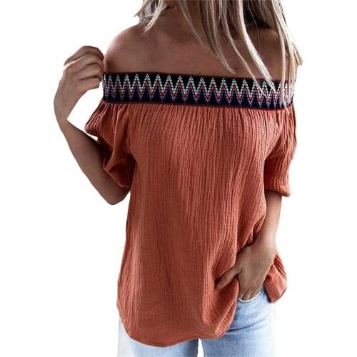 2021 Womens Off Shoulder T-Shirt Blouse Printed Patchwork Short Sleeve Casual T-Shirt Tops Mujer Blusa Feminina Платье Летнее