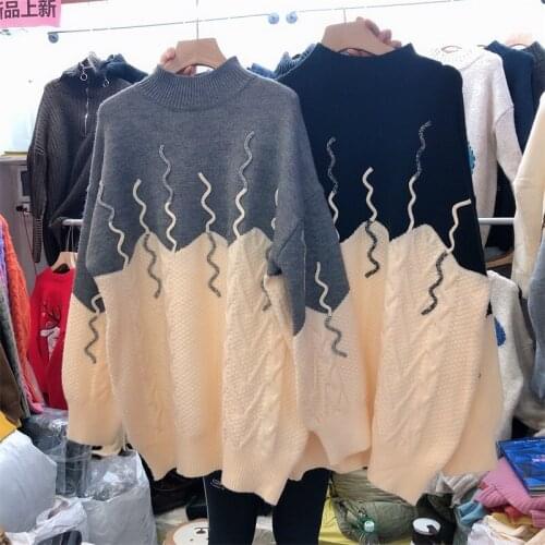 Winter Clothes Women New Loose-fitting Contrastcolor Splice Knitted Sweater Vintage Simple Medium Length Knit Jumper