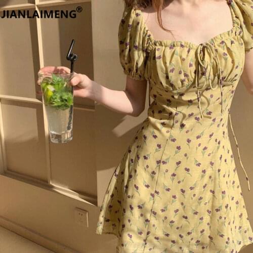 Print Floral Yellow Dress Cotton Mini Short Vestido Festa Sundress Runway Korean Style Women Vestidos Playa 2020 Vetement Femme