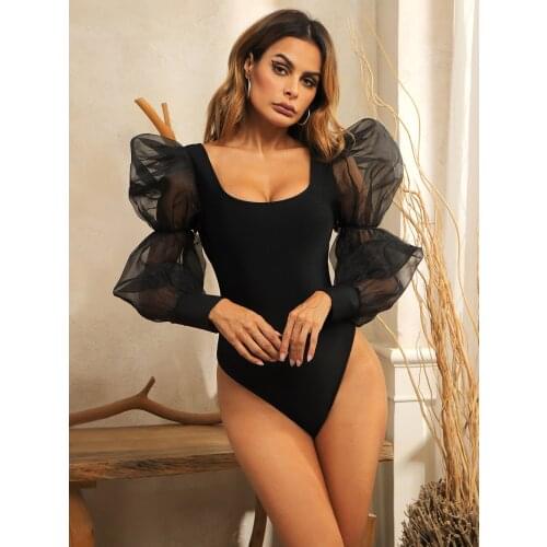 2021 New Summer Beach Long Puff Sleeve Bandage Bodysuits Women Sexy O Neck Celebrity Runway Party Bodysuit Elegant Rompers