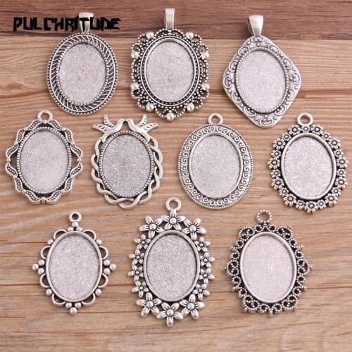 10pcs 18*25mm Inner Size 10 Style Antique Silver color Metal Alloy Simple Oval Cabochon Pendant Setting Jewelry Findings
