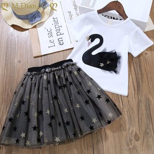 2020 New Summer Kids Girls Clothes Set Swan Parrten Short T-shirt +Bow Ball Gown Dress 2pcs Clothing Sets 3-7Y Kids Clothes