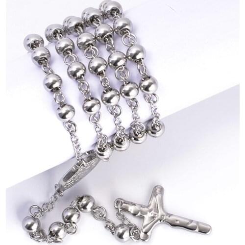 4/6/8mm Shining Accessories Stainless Steel Bless Rosary Beads Link Sweater Chain Rosarios Catolicos Para Womens Necklace