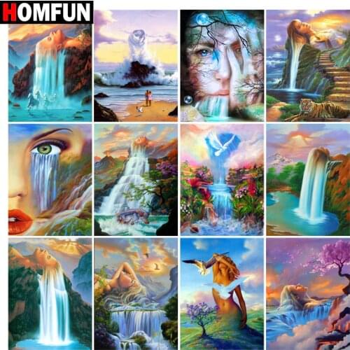 HOMFUN 5D Diy Diamond Painting Cross Stitch "Waterfall mountain woman" Home Decor Full Rhinestones Inlay Diamond Embroidery