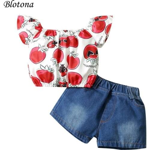 Blotona Newest 2Pieces Kids Girls Suit Set, Cherry Print Boat Neck Short Sleeve Tops+ Denim Shorts for Toddler, 3-24 Months