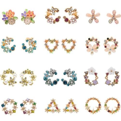 BONLAVIE Zircon Stud Earrings Korean Cute Flower Pearl Heart Colorful Wreath Butterfly Earrings for Women
