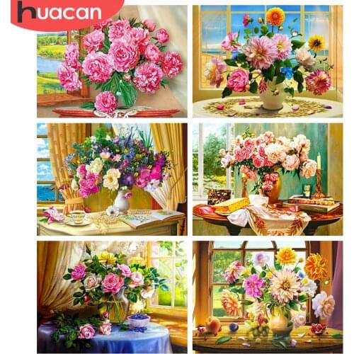 HUACAN 5D Diamond Painting Flower Mosaic Window Vase Handmade Gift DIY Diamond Embroidery Peony Home Decor