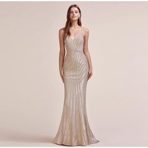 Collection 2020 Sexy Champagne Straps Long Evening Dresses Stones Mermaid Backless Formal Evening Gowns Sleeveless