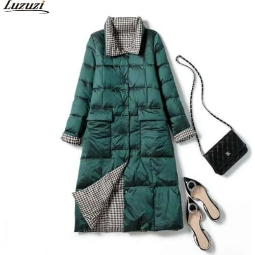 Luzuzi 2021 Women Double Sided Long Down Jacket Winter Turtleneck Plaid White Duck Down Coat Female Warm Parkas Snow Outerwear