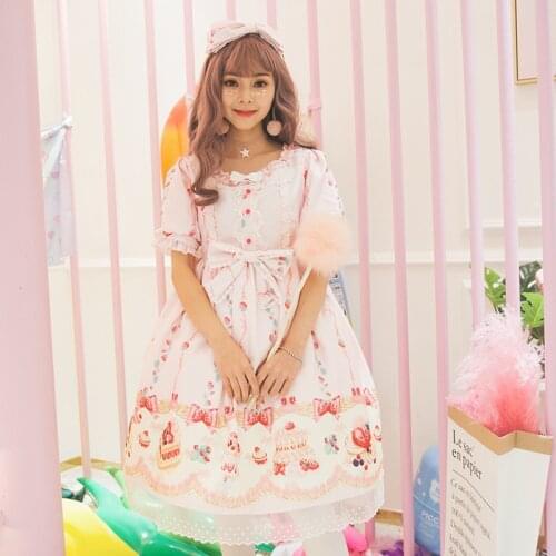 Kawaii Strawberry Angel LOLITA Princess dress Japanese Sweet Lady High Waist Bow OP Lolita Dress women