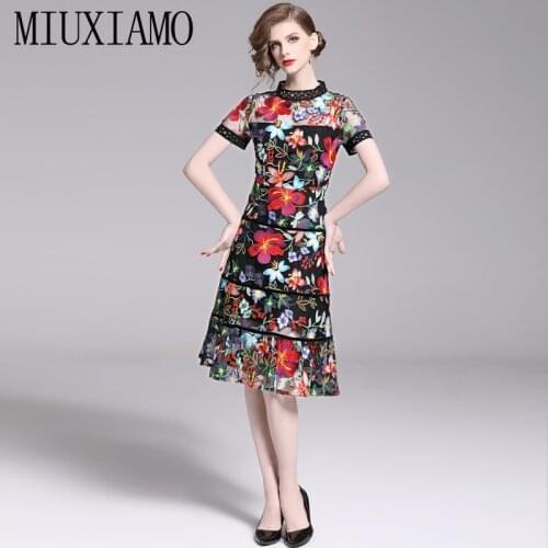MIUXIMAO 2020 Summer Dress High Quality O-neck Flowers Embroidery Dress Lace Slim Casual Runway Dress Women Vestidos