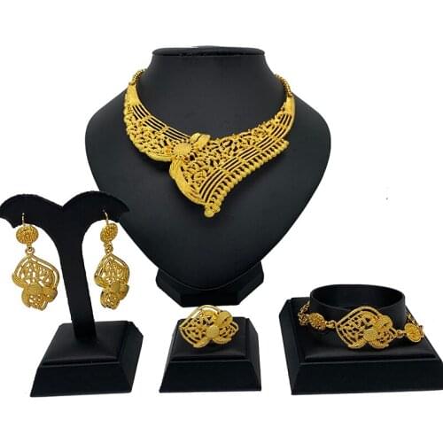 Trendy Dubai Jewelry Sets of women 24k gold color Luxury African Habesha Necklace bangles Earrings Ring sets Bridal gifts