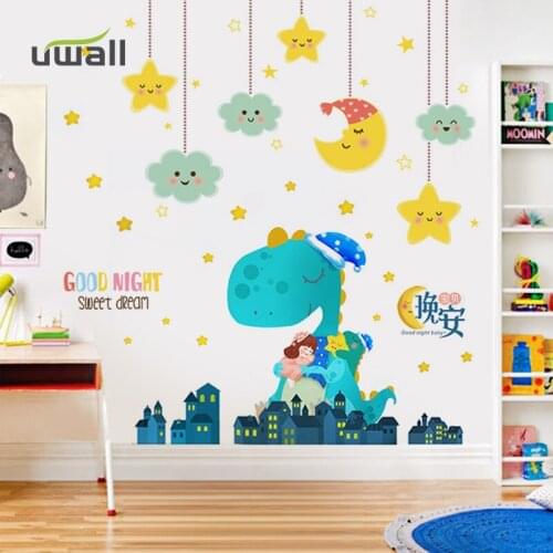 Cartoon Good Night Dinosaur Wall Stickers For Kids Room Self-adhesive Baby room Decor Bedroom Wall Decoration Home Decor Sticker
