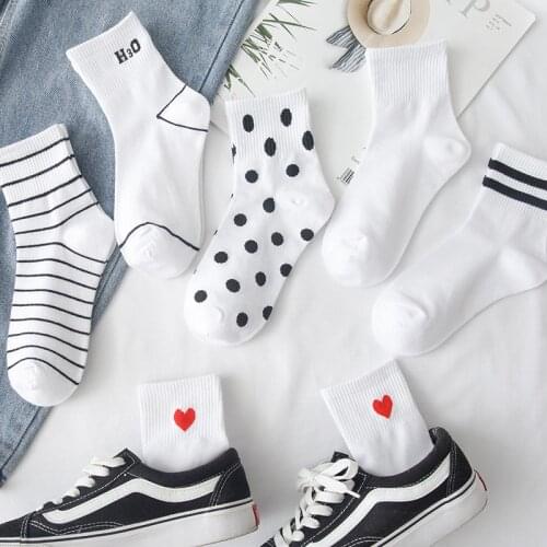 Ladies Socks Spring and Summer Striped Heart Cotton Pure Color Cute Polka Dot Casual Breathable White Ladies Fashion 1 Pair