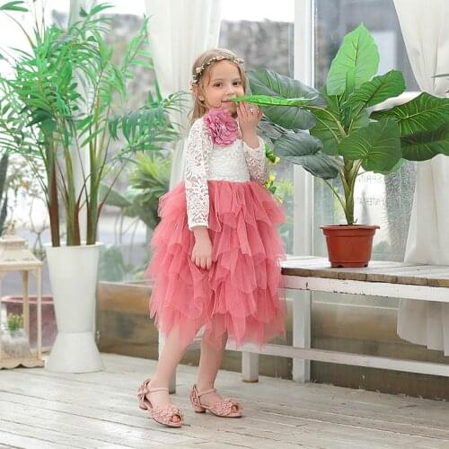 Wholesale Girls Lace Dress Flower Tiered Tulle Maxi Dress Long Sleeve Princess For Wedding Party Children Clothes 1-8Y E17104