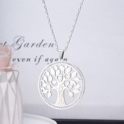 Stainless Steel Crystal Tree Of Life Owls Big Pendant Necklace For Women Long Necklace Gift For Mom Fashion Jewelry 2019