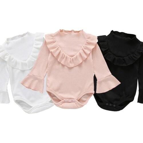 Pudcoco Cute Newborn Baby Boy Girls Romper Kids Clothes Flared Sleeve Ruffle Tiered Jumpsuit Bodysuit Cotton Solid Outfits 0-18M