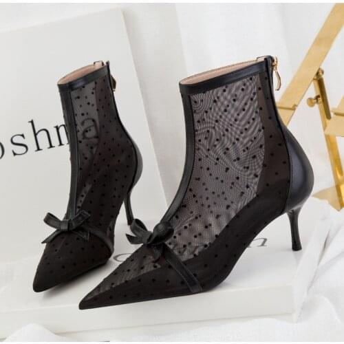 6cm boots Korean sweet thin perspective dot mesh hollow high heels womens shoes thin heel pointed boots