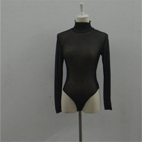 Sexy Leotards for Women Novelty Underwear Black/White Sheer Mesh Turtleneck Long Sleeve Leotard Women Jumpsuits with Collar