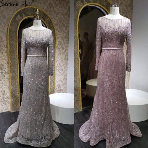 Serene Hill Grey Luxury Beaded Mermaid Evening Gown 2021 Shinning O-Neck Long Sleeves For Women Formal Party Dress CLA70665