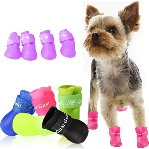4pcs Dog Shoes Silicone Candy Colors Dog Waterproof Boots Anti Slip Skid Design Teddy Rain Boots Rubber Pet Rain Shoes Booties