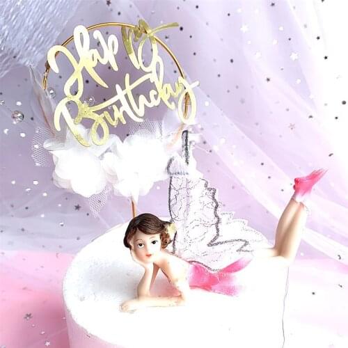 Cake Topper Happy Birthday Round Magic Transparent Bead Feather Cake Plug Flower Fairy Fairy Cake Diy Girls Party Decoration G