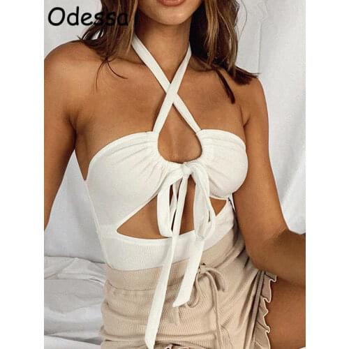 Odessa White Fashion Halter Neck Camis Women Hollow Out Crop Tops Ladies Bandage Sexy Party Tank Tops Female Spring Summer 2021
