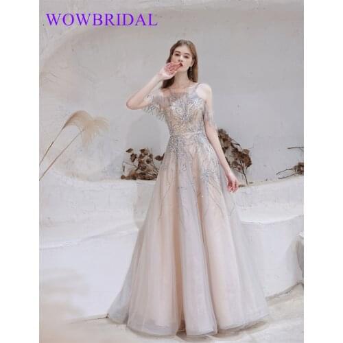 Wowbrial 2021 Elegant Beaded Floor Length Tulle Coral Lace Appliqued Dubai Evening Dresses with Long Sleeve