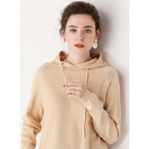 100% Cotton Long Sleeve Hooded Knitwear Womens Jacket Short Sleeve Loose Casual Sweater Hoodie