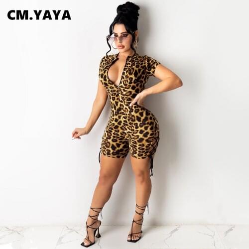CM.YAYA Women Playsuit Print Short Sleeve Zip Criss-cross Bandage Hollow Out Sheath Ealstic Bodycon Playsuits Sexy Night Outfit