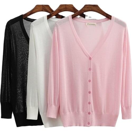 Plus Size M-5XL Knitted Cardigan Sweater Women Summer Thin Air Conditioner Sunscreen V-Neck Fashion Female Knitwear Coat Outwear