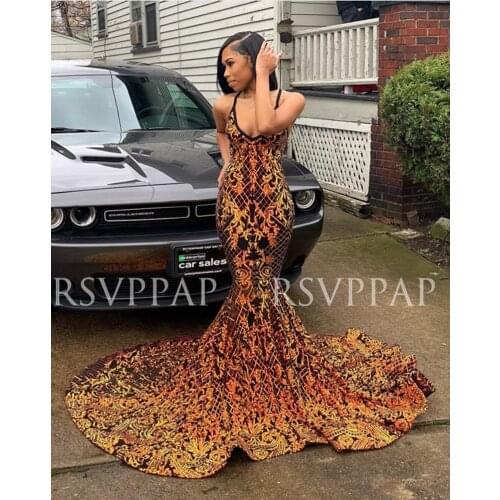 Long Prom Dress 2021 Sexy V-neck Backless Glitter Gold Sequin African Black Girl Mermaid Prom Dresses 2021