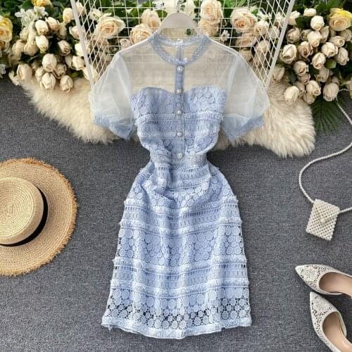2019 High Quality Women Elegant Lace Dress Casual Puff Sleeve Mesh Patchwork See-through Women Clothing Female Sexy Dresses
