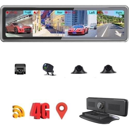 Dash Cam 4G Android 9.0 Car DVR 12" Full Touch 360 Panoramic Camera Rear View Mirror 4CHs WiFi ADAS GPS Navigation Bluetooth