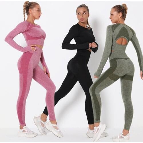 Seamless Yoga Suit Workout Clothes Gym For Women Breathable Hollow out Fitness Long Sleeve Leggings Sportwear Woman Sports Set