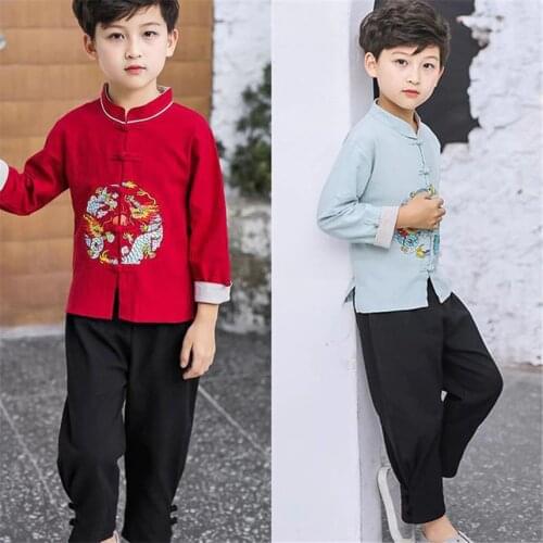 Kids Retro Chinese Tang Suit Boys Girls Dragon Embroidery Hanfu Traditional Tai Chi Uniforms Kung Fu New Year Birthday Gift