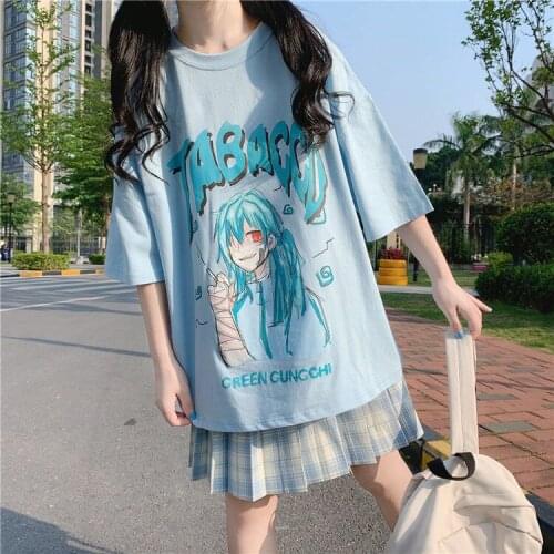 Summer Streetwear Women Short-sleeved T-shirt Japanese Harajuku Animated Cartoon Girl Print Loose T-shirt Student Casual Tops