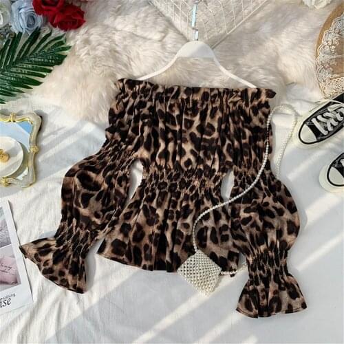 Korean Fashion Sexy Slash Neck Leopard Chiffon Shirt Blouse Women 2020 Spring Autumn Off-Shoulder Slim Fit Wild Shirt Top PZ2755