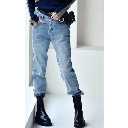 MICOCO N2006C Korean version of the fashionable wash old loose straight tube Show thin Thickened jeans for ladies