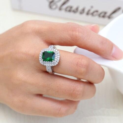 Fine Square Cut Green Crystal CZ Ring White Gold Color Fashionable Women Rings Size 7 8 9
