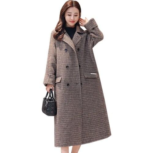 New Plaid Woolen Coat Women Long Woolen Fashion Winter Jackets Woman Tunic 2019 Casual Loose Coats Female Double-breasted Coat
