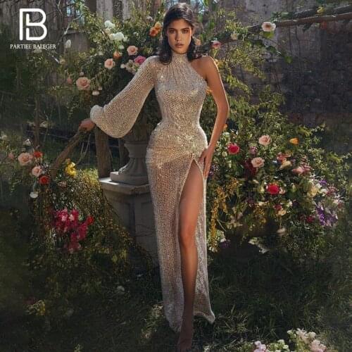 PB Stylish High Waist Beige Sequins Long Dress Sexy One shoulder Long Sleeve Celebrity Party Club Free Shipping