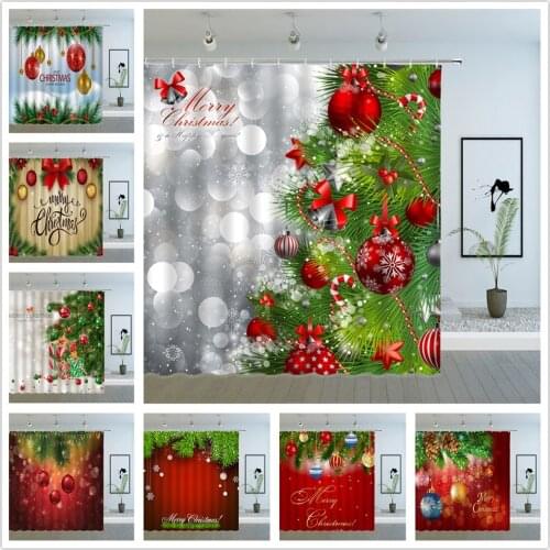 Christmas Tree Shower Curtains Green Pine Branch Rope Ball Bells Snowflake Xmas New Year Bathroom Decor Cloth Curtain Sets Cheap