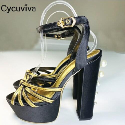 Desginer Platform Pearls Gladiator Sandals Women Summer Chunky Heels Studded Party Shoes Gold Leather Sandalias Mujer 2021