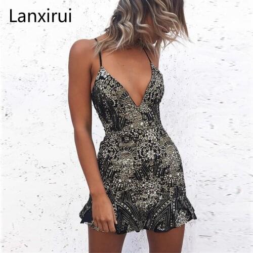 Sexy Deep V Sequin Backless Lace Up Dress Sleeveless Straps Evening Party Short Camisole Vestidos Nightclub Wear