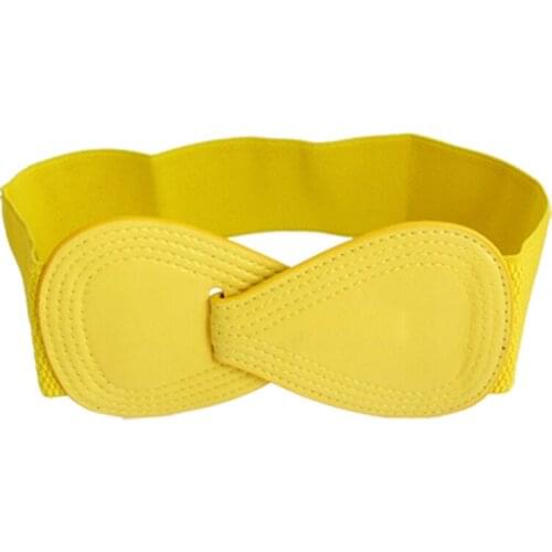 SODIAL(R) 8-shaped Faux Leather Buckle Elastic Belt Yellow for Lady