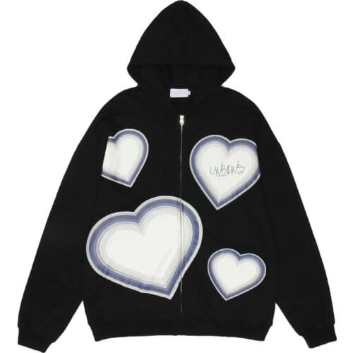 Zip Up Hoodie Y2k Heart-shaped Print Loose Kawaii Women Shirt Coat Black Hip-hop Jacket Winter Harajuku Casual Oversized Outwear